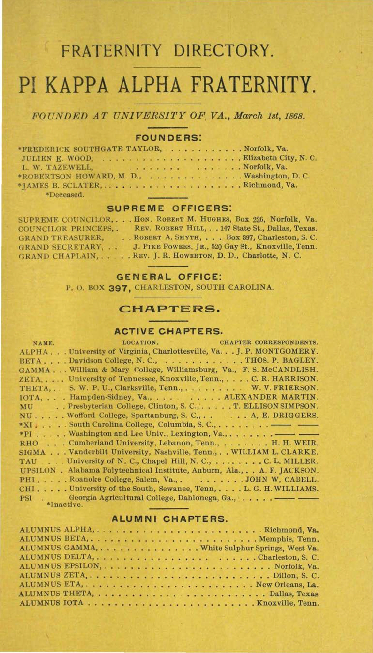 Pi Kappa Alpha Fraternity Directory, April 1900